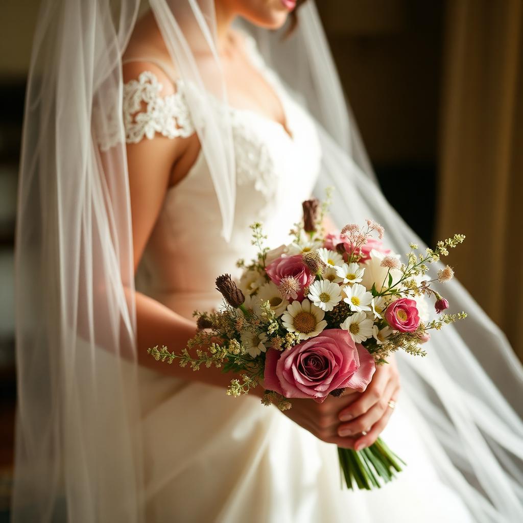 Bouquet held by bride in lace