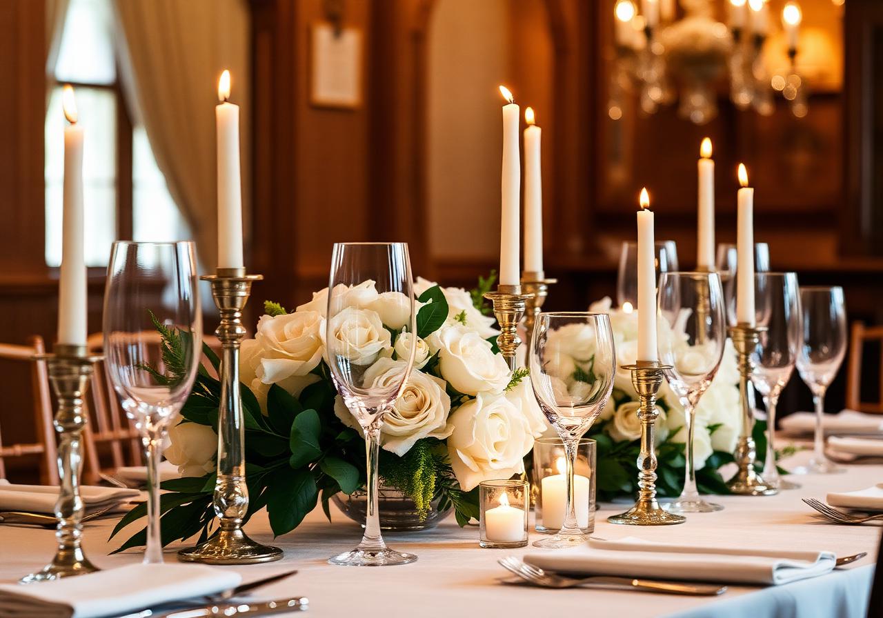 Wedding table setting with candles